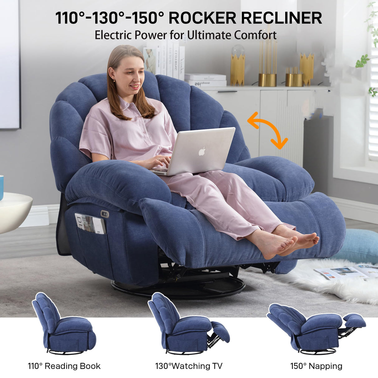 HOMYEDAMIC Power Recliner Chair Rocker Swivel, Comfortable Soft Fabric Shell Shape with Storage 360 Swivel Electric Big Tall Single Reclining Sofa for Adults Living Room Bedroom (ET-Blue) HOMYEDAMIC