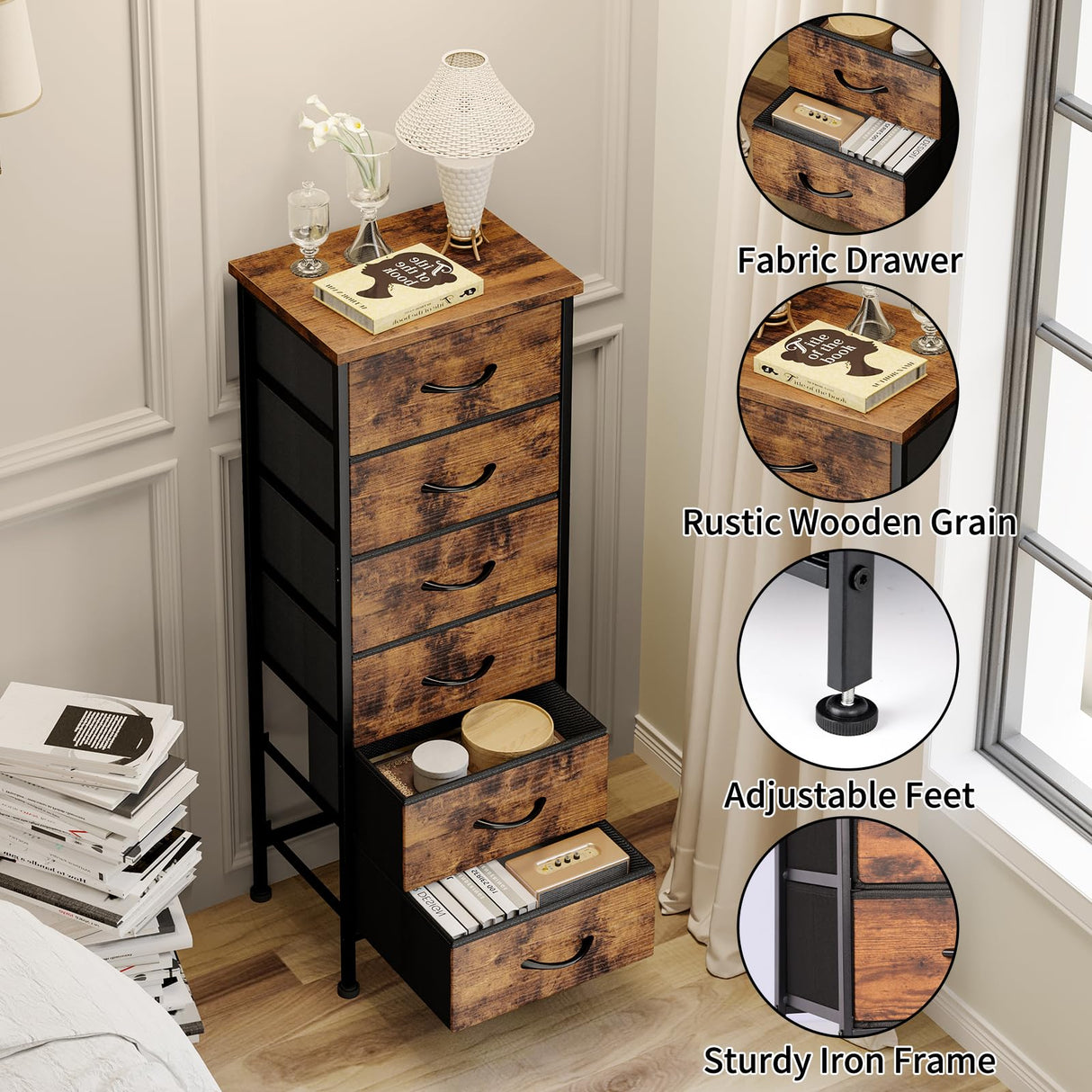 Fixwal Tall Dresser for Bedroom Closet Organizers and Storage Tall Fabric Dresser with 6 Drawers, Small Clothes Storage Girl Bedroom Furniture, Rustic Brown Fixwal