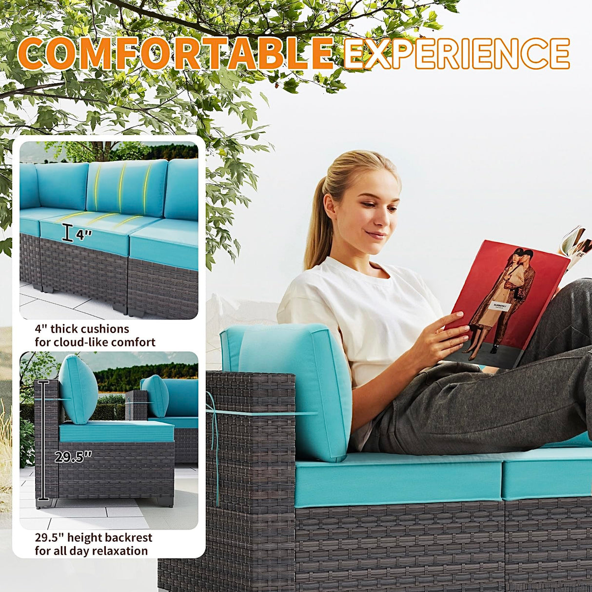 Gotland 7 Pieces Patio Furniture Set with 1 Coffee Table, 6 Seater Wicker Rattan Patio Set with 29.5'' High Backrest Thick Cushions Adjustable Foot Pads, for Porch Deck Garden Green Blue Gotland