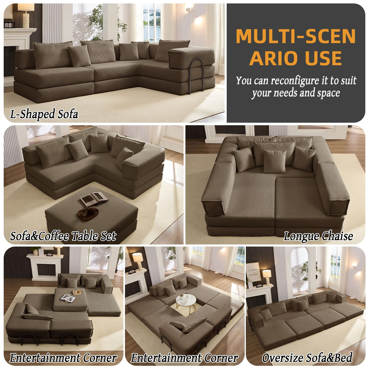 6-in-1 DIY Modular Cloud Sectional Couch, L Shaped Memory Foam Boneless Couch for Living Room, Oversized Corduroy Sofa Bed, Upholstered Deep Seat Sectional Sofa, No Assembly Required (Brown) SCZMWJ