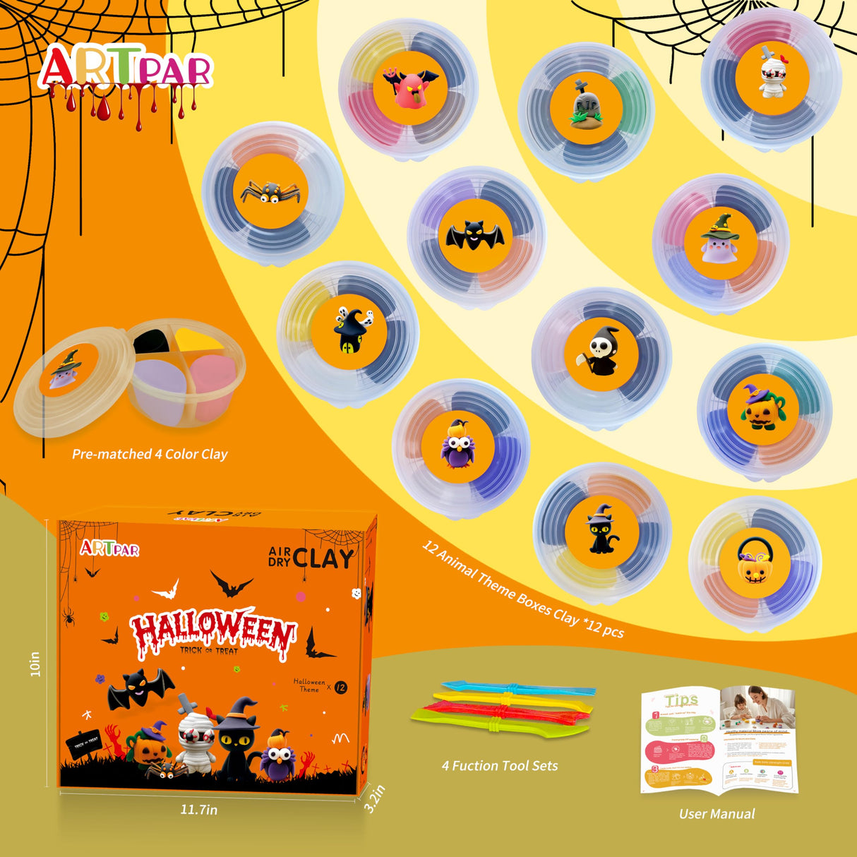 ARTPAR Halloween Crafts for Kids,Air Dry Clay Crafts Kit,12 Boxes Modeling Magic Soft Clay Art Sculpting Supplies,DIY Molding Clay Kit Hallowmas Pumpkin Party Favors for Boys & Girls Age 3-12 ARTPAR
