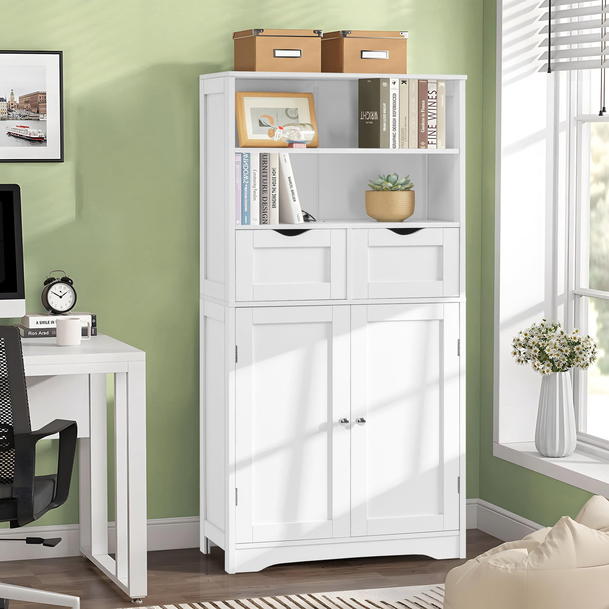 Iwell Tall Bathroom Cabinet, Storage Cabinet with 2 Drawers & Adjustable Shelves, Bathroom Storage Cabinet for Living Room, Dining Room, Entryway, White Iwell