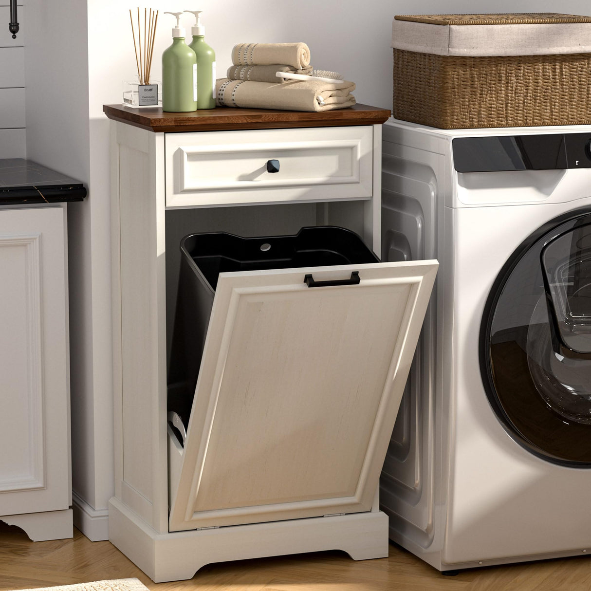 OUTGUAVA 13 Gallon Tilt Out Trash Cabinet Kitchen Waste Bins,50 Quart Laundry Hamper Tilt Out Pet Proof Hidden Trash Bin for Kitchen Living Room, (Antique White and Brown) OUTGUAVA