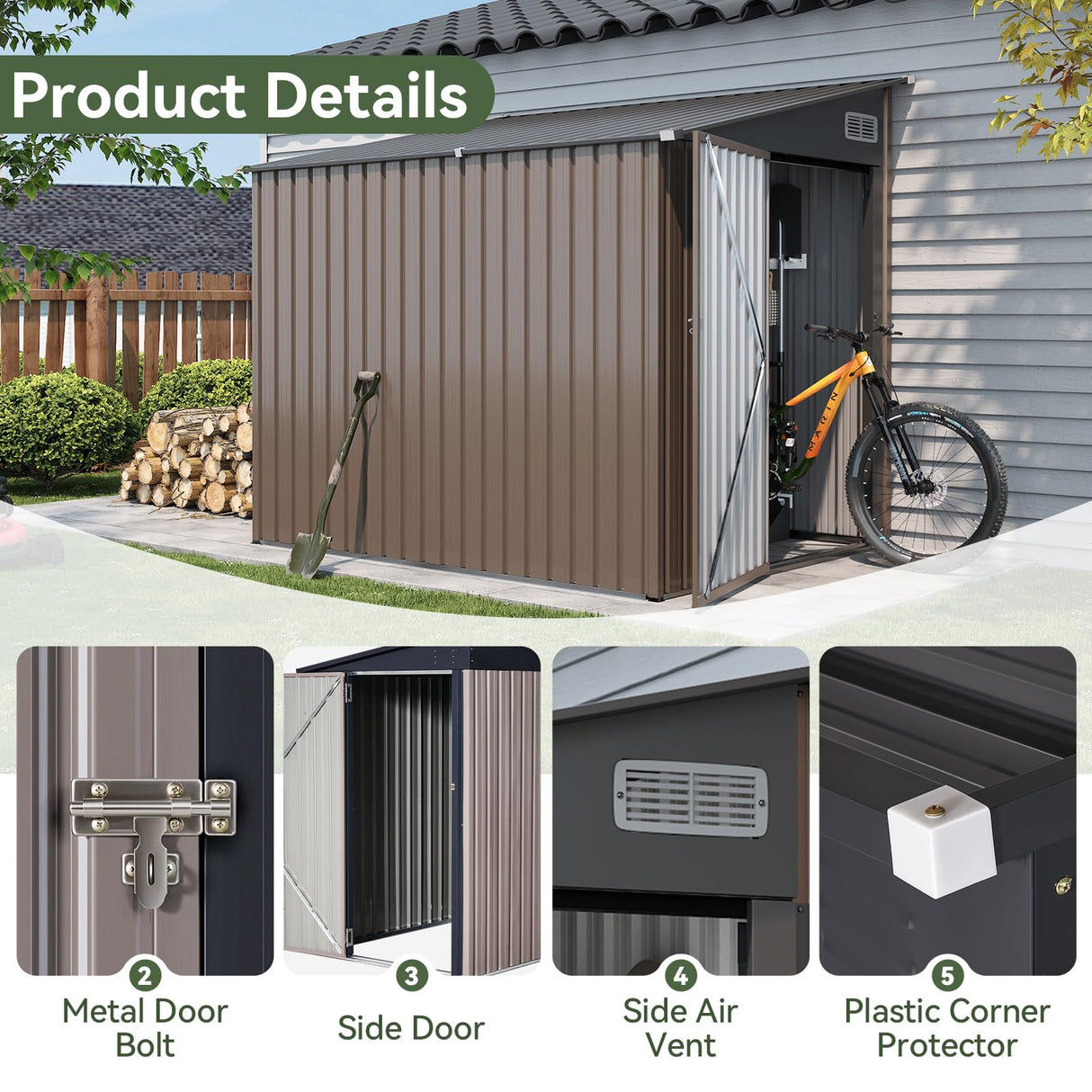 Breezestival 7'x5.5' Lean to Shed Large Storage Room Galvanized Steel Storage Sheds with Side Door Waterproof Utility Shed with Sloped Roof for Mower, Bike, Garden Tools (Brown) Breezestival