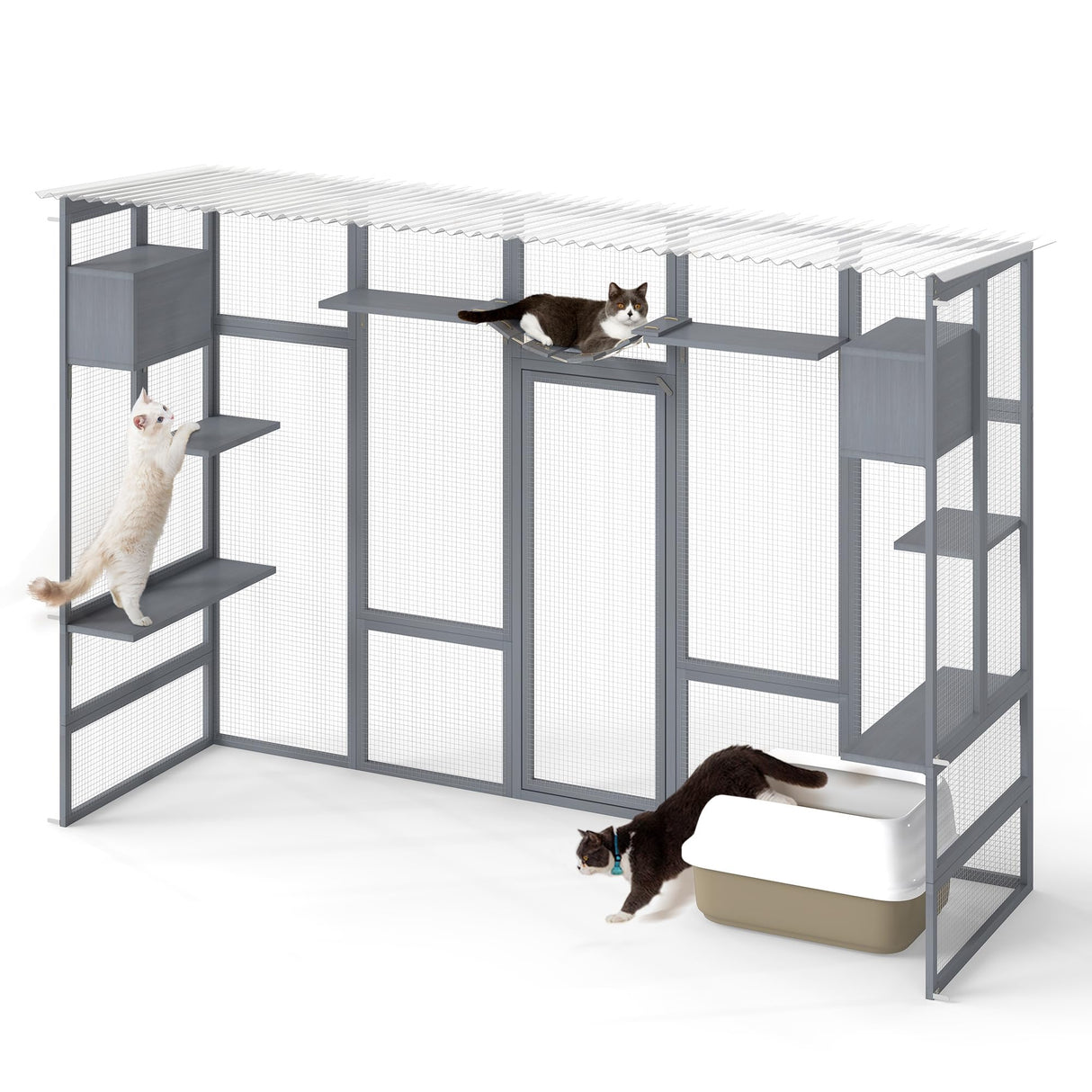 COZIWOW Catio Outdoor Cat Enclosure Window, 104" Wooden Large Catio Outside Cattery for Multiple Cats with Sloped Waterproof Cover, Grey COZIWOW