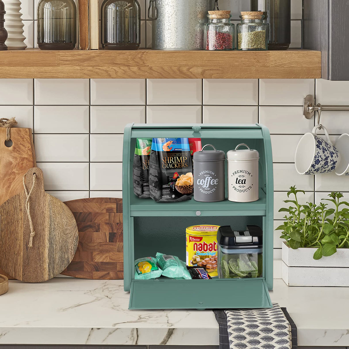 Olebes Bread Box, Metal Bread Box For Kitchen Countertop, Bread Storage Container Holds 2 Loaves Of Bread, High Capacity Breadbox, Bread Holder Suit Farmhouse Kitchen Decor For Counter Olebes