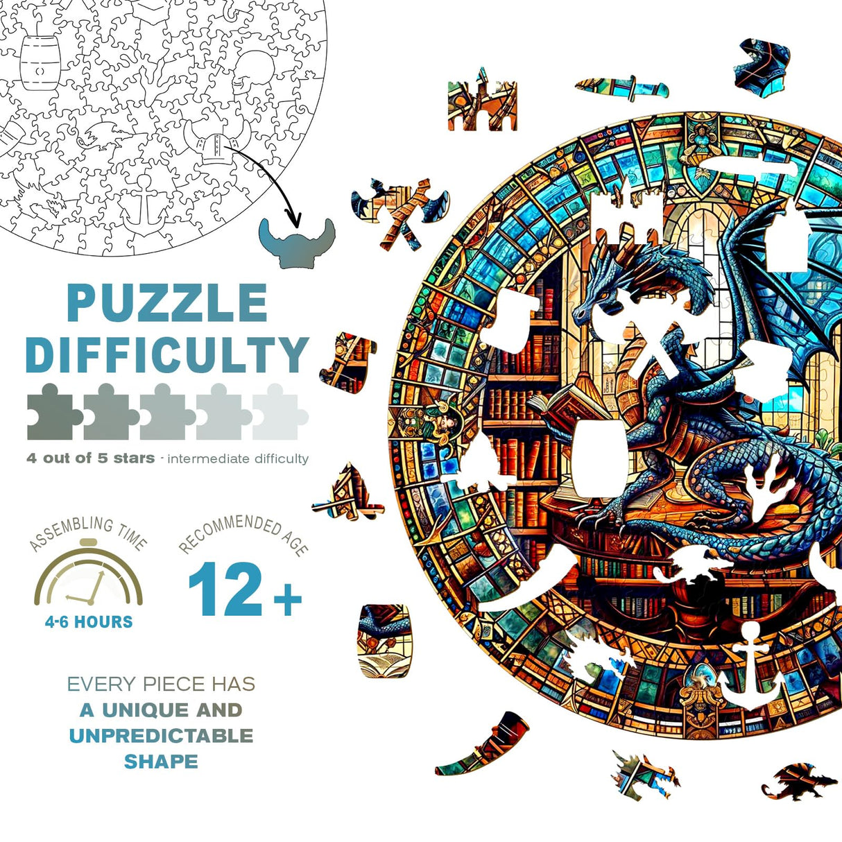 Wooden Puzzles for Adults - The Dragon's Library Wooden Jigsaw Puzzles for Adults Kids, Unique Shaped Challenging Animal Adult Puzzles,Creative Gifts Family Game 8.5 * 8.5in 100pcs Purdicra