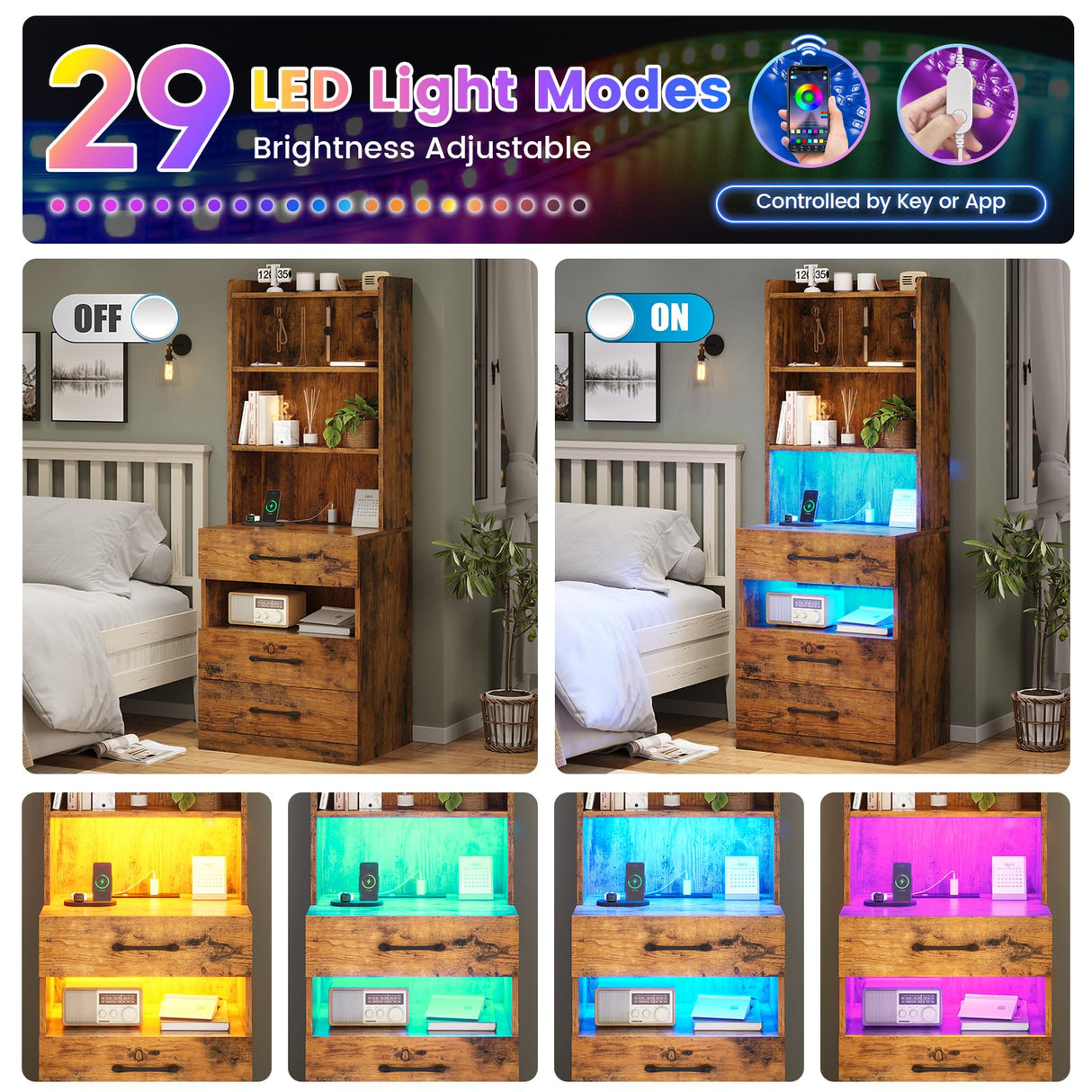 AOGLLATI Tall Night Stand Set of 2, Nightstand with Charging Station and LED Lights, Rustic Brown Bedside Table with Bookshelf, 3 Drawers and Open Shelves, Modern End Side Table for Bedroom AOGLLATI