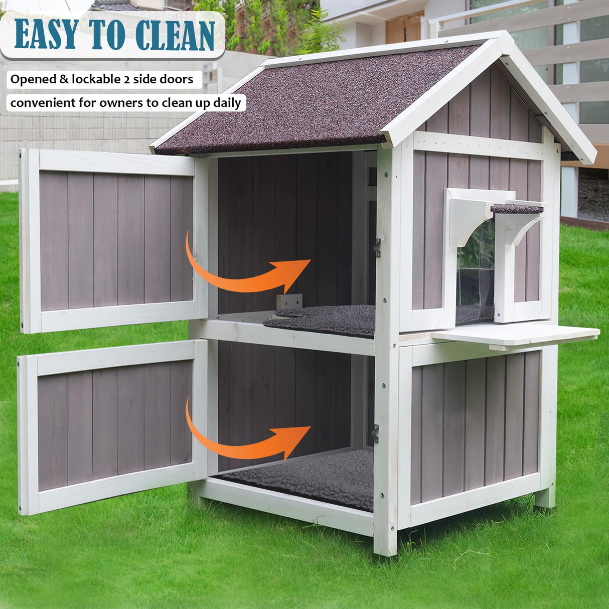 Rockever Outdoor Cat House, Large Outdoor Houses for Feral Cats Wooden Outside Cat Shelter Weatherproof with Escape Door Rockever