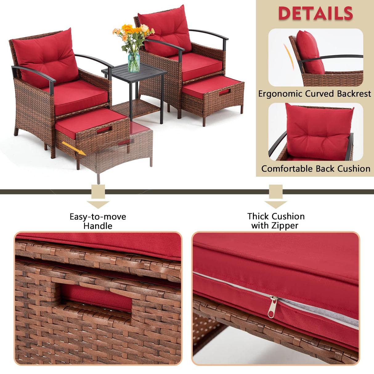 AVAWING 5 Pieces Patio Furniture Set, Outdoor Rattan Chairs with Metal Coffee Table, Ottomans & Soft Cushions, Wicker Conversation Bistro Set for Garden, Porch, Deck, Balcony (Red) AVAWING