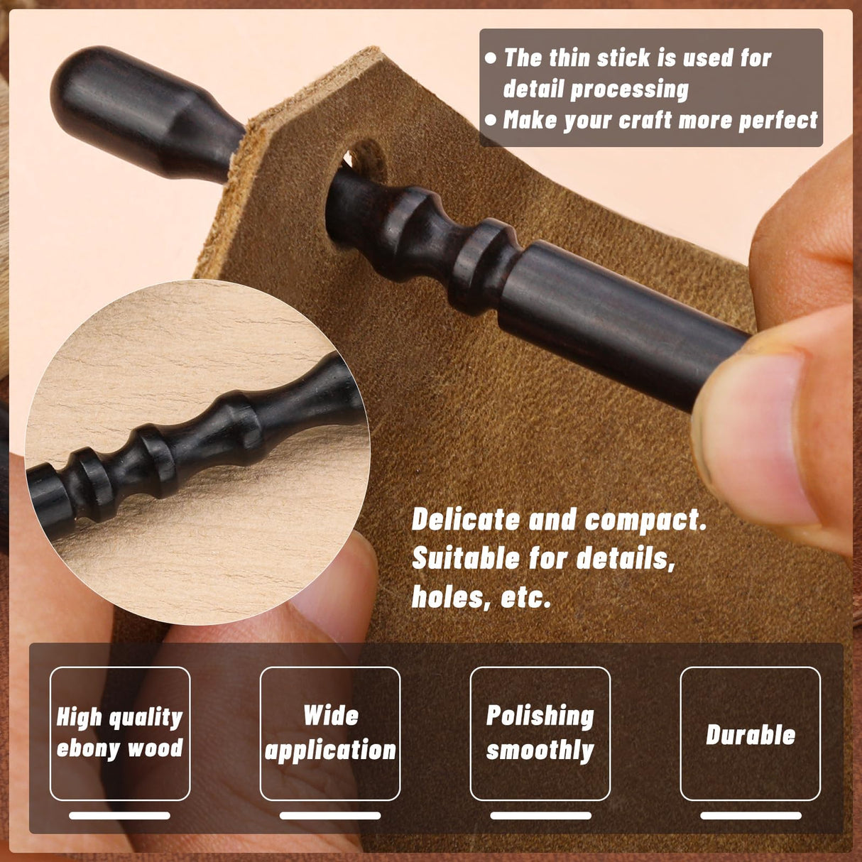 WONVOC Leather Edge Burnish Kit 2 PCS Ebony Wood Leather Burnisher Tool, Round Head Leather Edge Burnishing Tool, Leather Edge Slicker Burnisher, Leather Craft Tool WONVOC