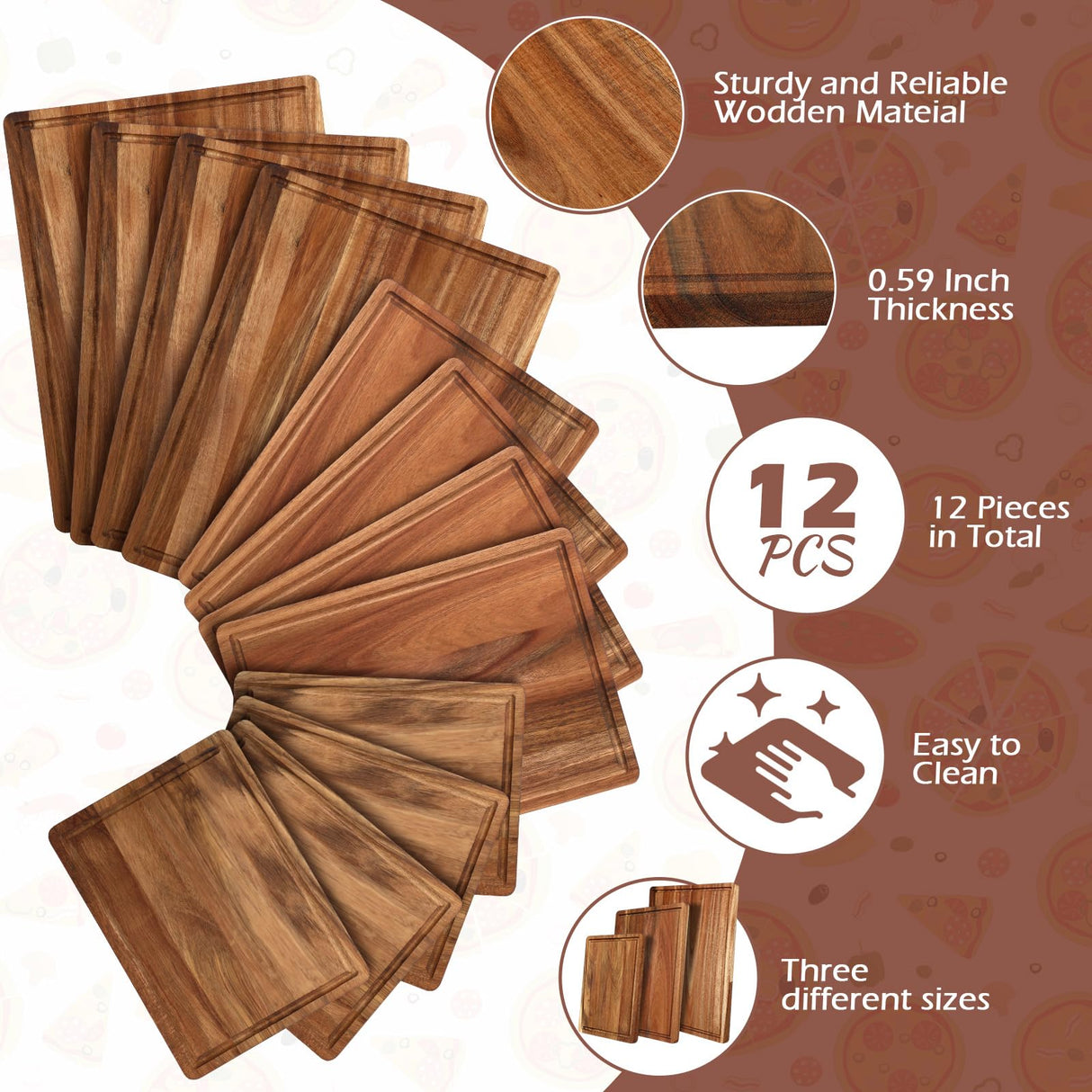 Tioncy 12 Pcs Wood Cutting Board Set Thick Wooden Cutting Boards for Kitchen Butcher Block Cutting Board with Juice Groove for Meat Cheese Fruit Trays, 16x12, 14x10, 11x8 Inch(Acacia) Tioncy