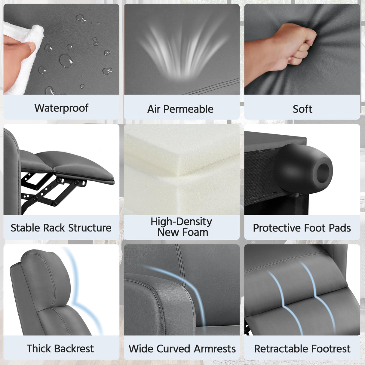 Yaheetech Recliner Chair PU Leather Recliner Sofa Home Theater Seating with Lumbar Support Overstuffed High-Density Sponge Push Silver Gray Recliners Yaheetech