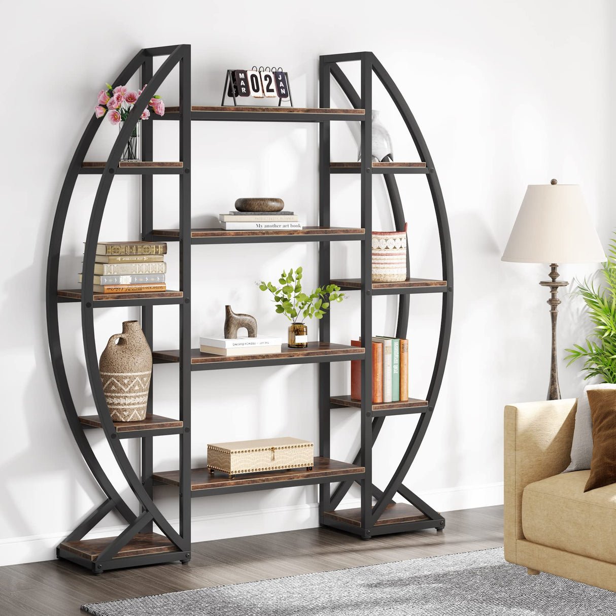 Tribesigns 55" Industrial Oval 5-Tier Bookcase - Triple Wide Etagere in Rustic Brown Tribesigns