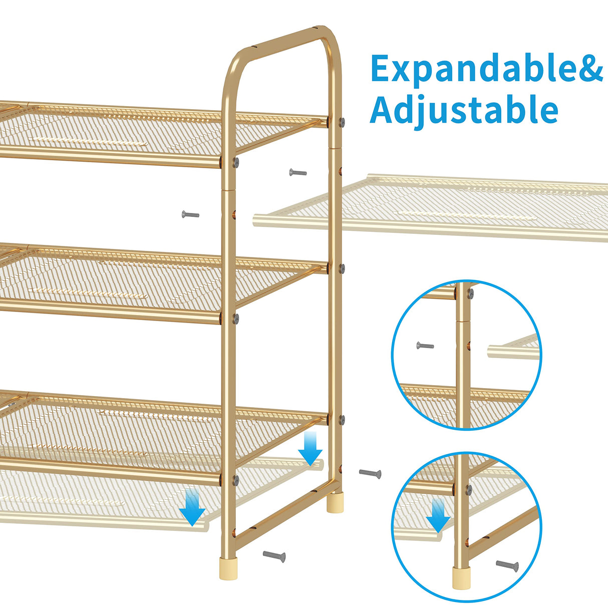 Simple Trending 3-Tier Stackable Shoe Rack, Expandable & Adjustable Shoe Shelf Storage Organizer, Metal Mesh, Gold Simple Trending