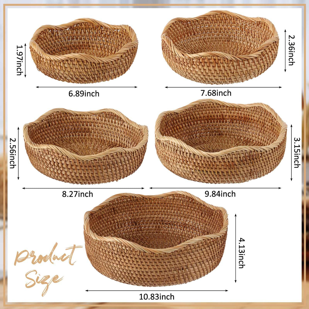 Layhit 5 Pcs Round Rattan Basket Bread Baskets for Serving Natural Wicker Bowl Basket Woven Fruit Storage Baskets for Home Countertop Kitchen Party Organizing, 5 Sizes Layhit