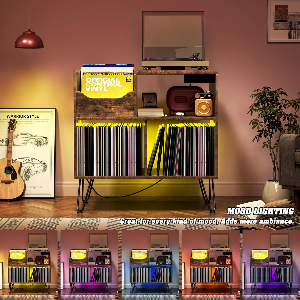 TC-HOMENY Record Player Stand with Vibration-Isolated Turntable Design, Vinyl Record Storage Table with Charging Station, Mid-Century Modern Turntable Stand TC-HOMENY