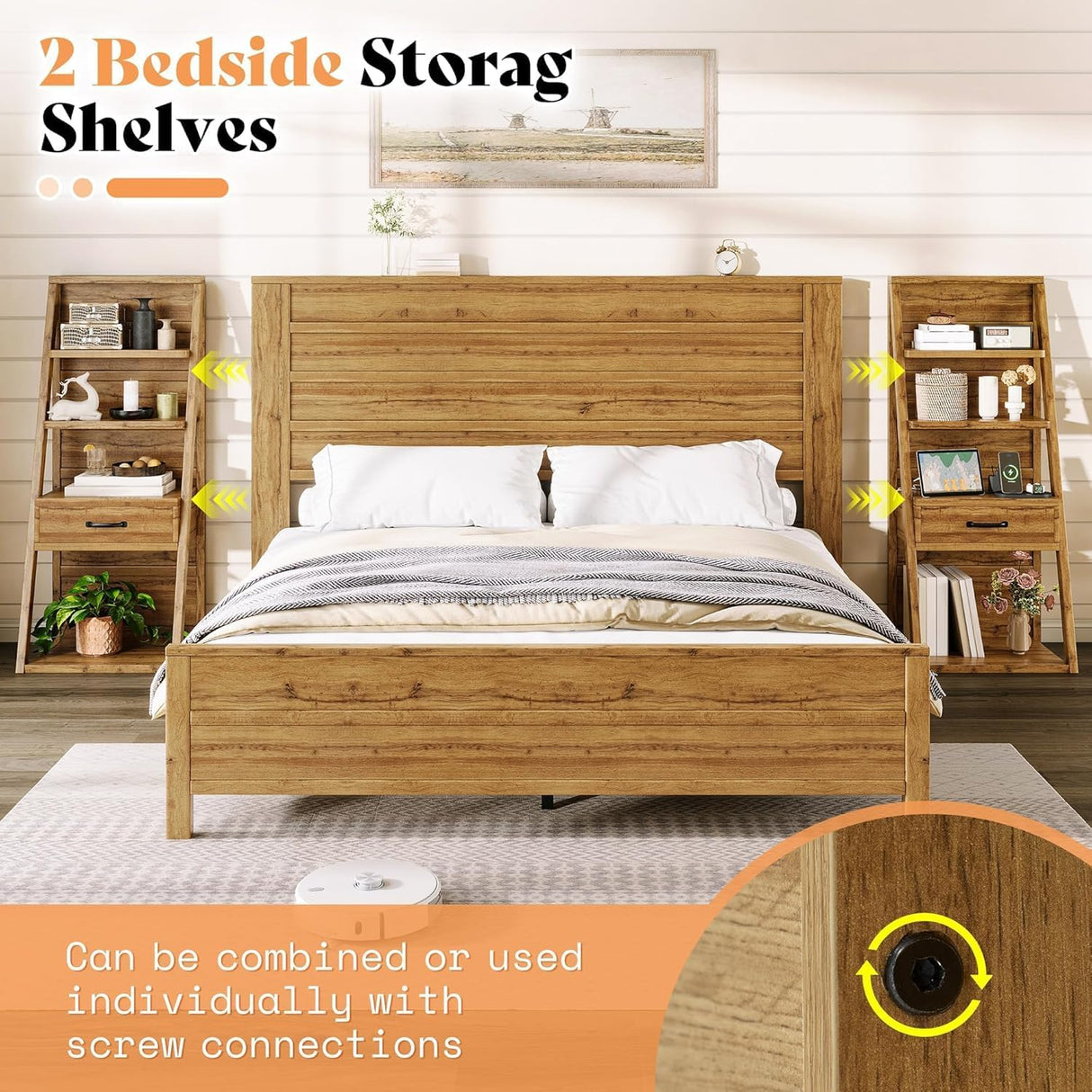 LUXOAK King Bed Frame with Wide Headboard and 4-Tier Bookshelves, Farmhouse Platform Bed with Charging Station & 2 Drawers, Noise-Free, No Box Spring Needed, Natural Oak LUXOAK