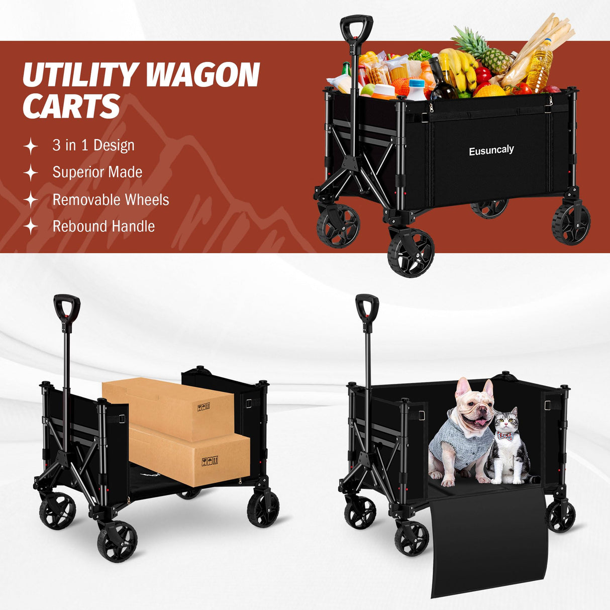 Eusuncaly Collapsible Wagon Cart with Wheels Foldable Wagon Folding Outdoor Utility Wagon Grocery Wagon for Camping Shopping Sports Gardeing Fishing (Black) Eusuncaly