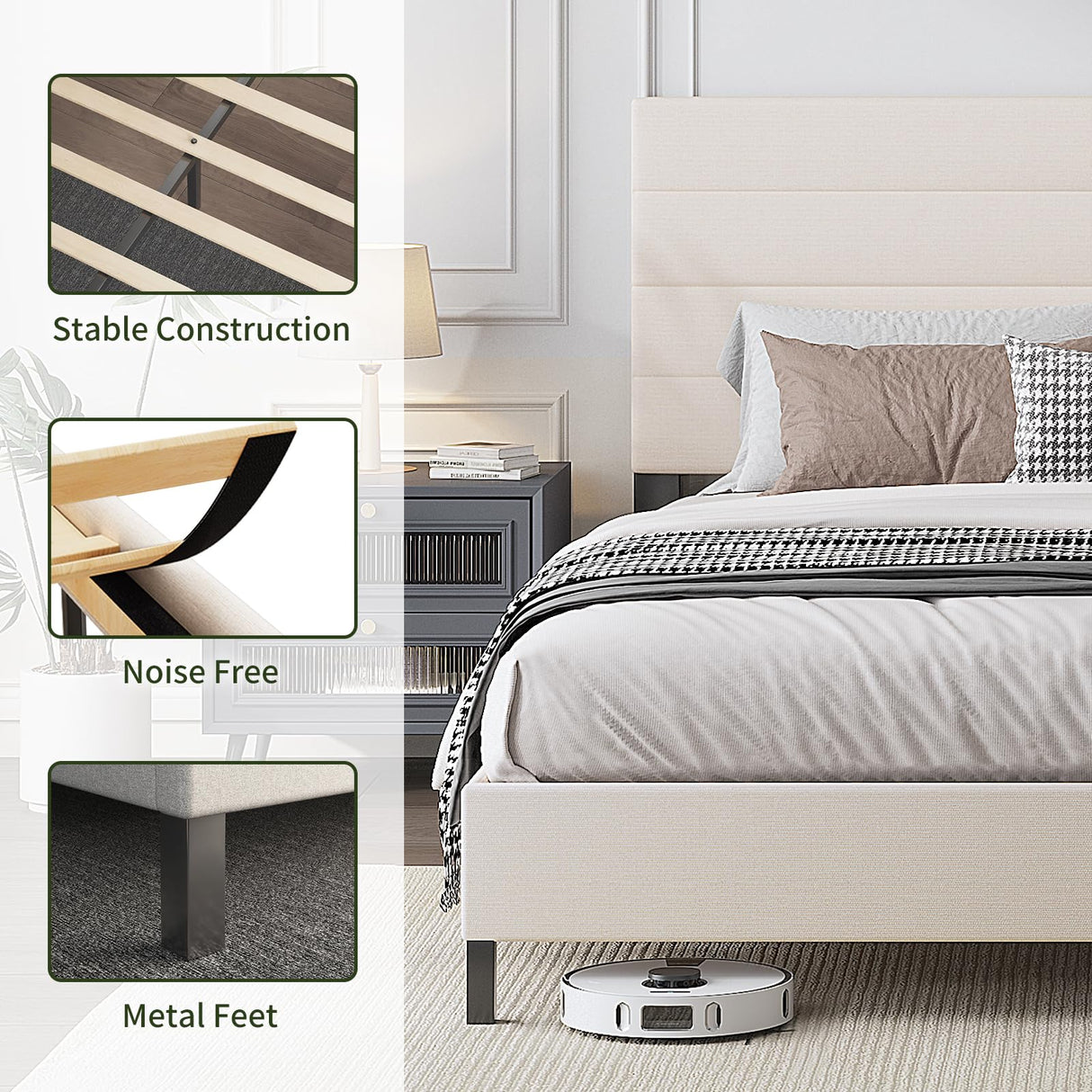 Furnihome Modern King Bed Frame with Adjustable Linen Headboard and Wooden Slats in Beige Furnihome