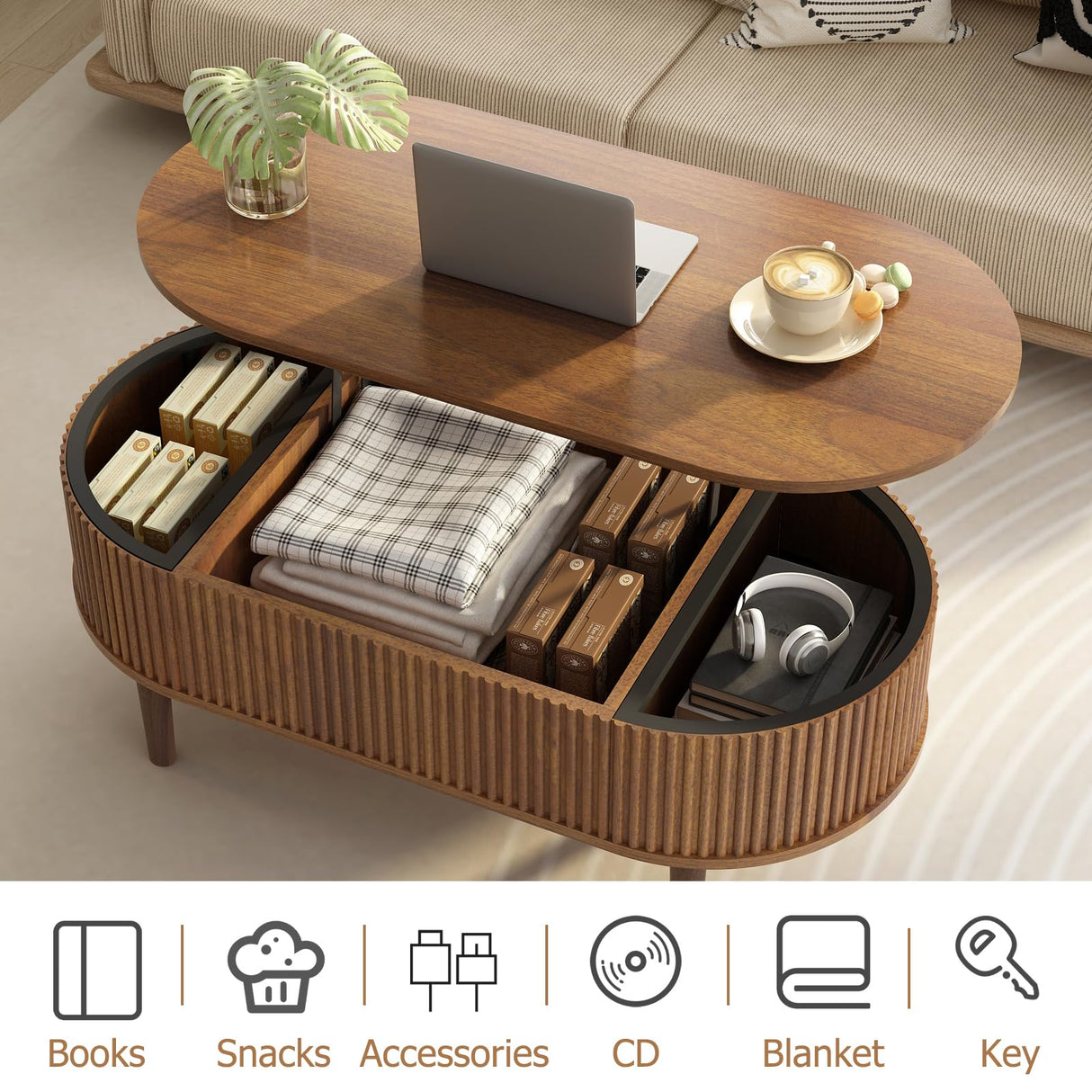 Ludatido 39 Inch Lift Top Coffee Table with 3 Storage for Living Room, Oval Coffee Table with Hidden Compartment, Fully Wooden Center Easy to Assembled for Home Living Room Office Brown Ludatido