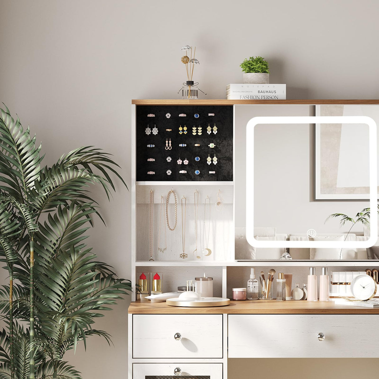 Vabches Farmhouse Makeup Vanity Desk with Mirror and Lights,White Vanity Table with Charging Station & Jewelry Storage,5 Drawers & 2 Cabinets,Dressing Table with Hidden Storage & Open Shelves Vabches