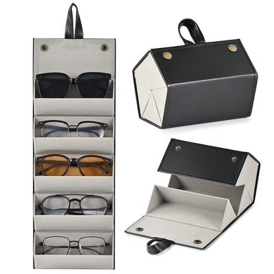 CO-Z Travel Sunglasses Organizer, Foldable Travel Sunglass Case with 5 Slots for Multiple Pairs, Portable Eyeglasses Holder Glasses Storage Box for Women Men Home Display Travel, Black & Gray