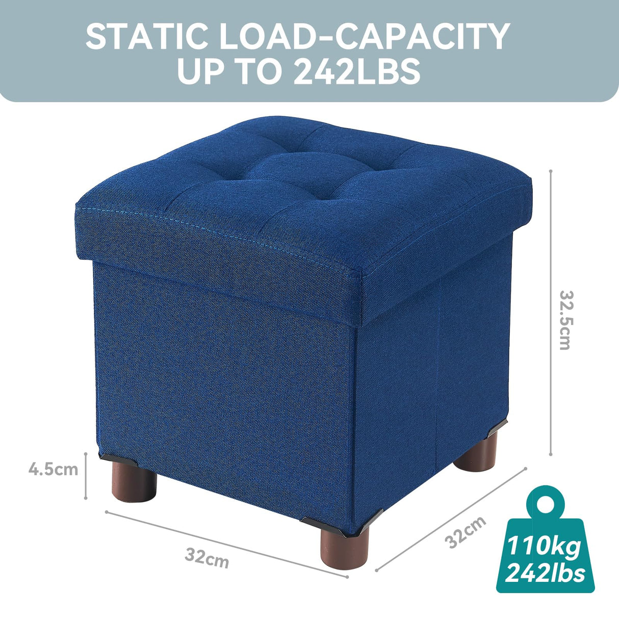 BRIAN & DANY Small Ottoman with Storage, Small Storage Ottoman, Folding Foot Stool with Wood Legs for Living Room and Bedroom Linen Rest Seat, 12.6"x12.6"x12.8" - Blue BRIAN & DANY