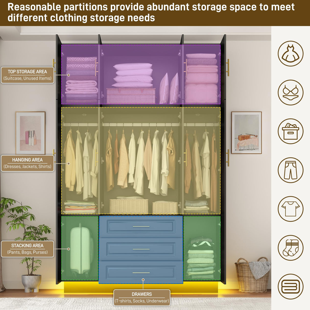 Hlivelood Large Armoire Wardrobe Closet Cabinet with Drawers and LED Lights, Multi-Tier Shelves, Hanging Rod, Large Capacity Storage 4 Door Wardrobe Armoire with Top Cabinet for Bedroom, Black Hlivelood