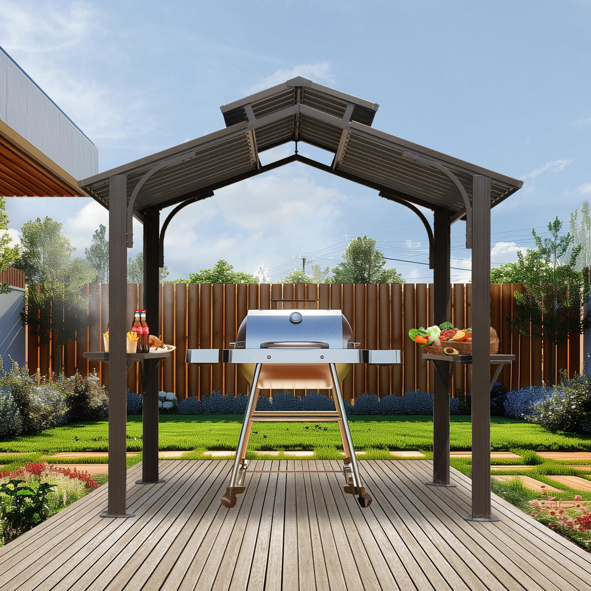 Domi Hardtop Grill Gazebo 8x5FT, Grill Canopy for Outdoor Grill w/Double Galvanized Steel Roof, 2 Side Shelves and Ceiling Hooks, BBQ Gazebo Grill Tent for Patio Garden Backyard, Brown domi outdoor living