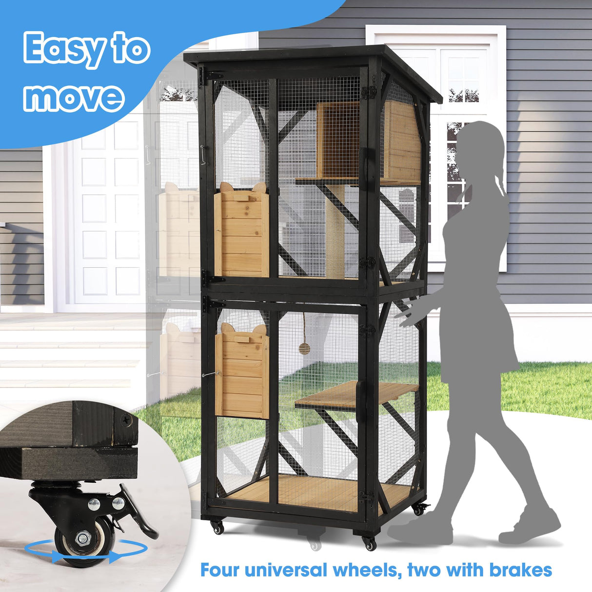 Dephet Catio Outdoor Cat Enclosure with Scratcher - 4-Tier Large Indoor Wooden Window Catio Cats House W/Asphalt Waterproof Roof, Wheels, Resting Box, Platforms, Kitten Toys Ball Dephet