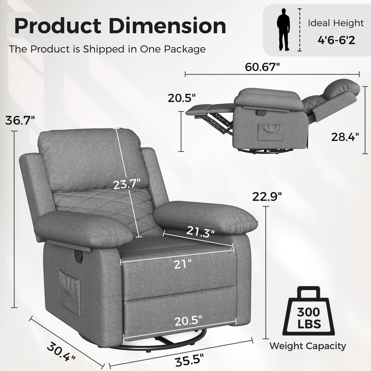 Glider Recliner for Adult Indoor Upholstered Lounge Nursery Chair Swivel Single Sofa with Side Pockets for Living Room Bedroom(Grey) Amopatio
