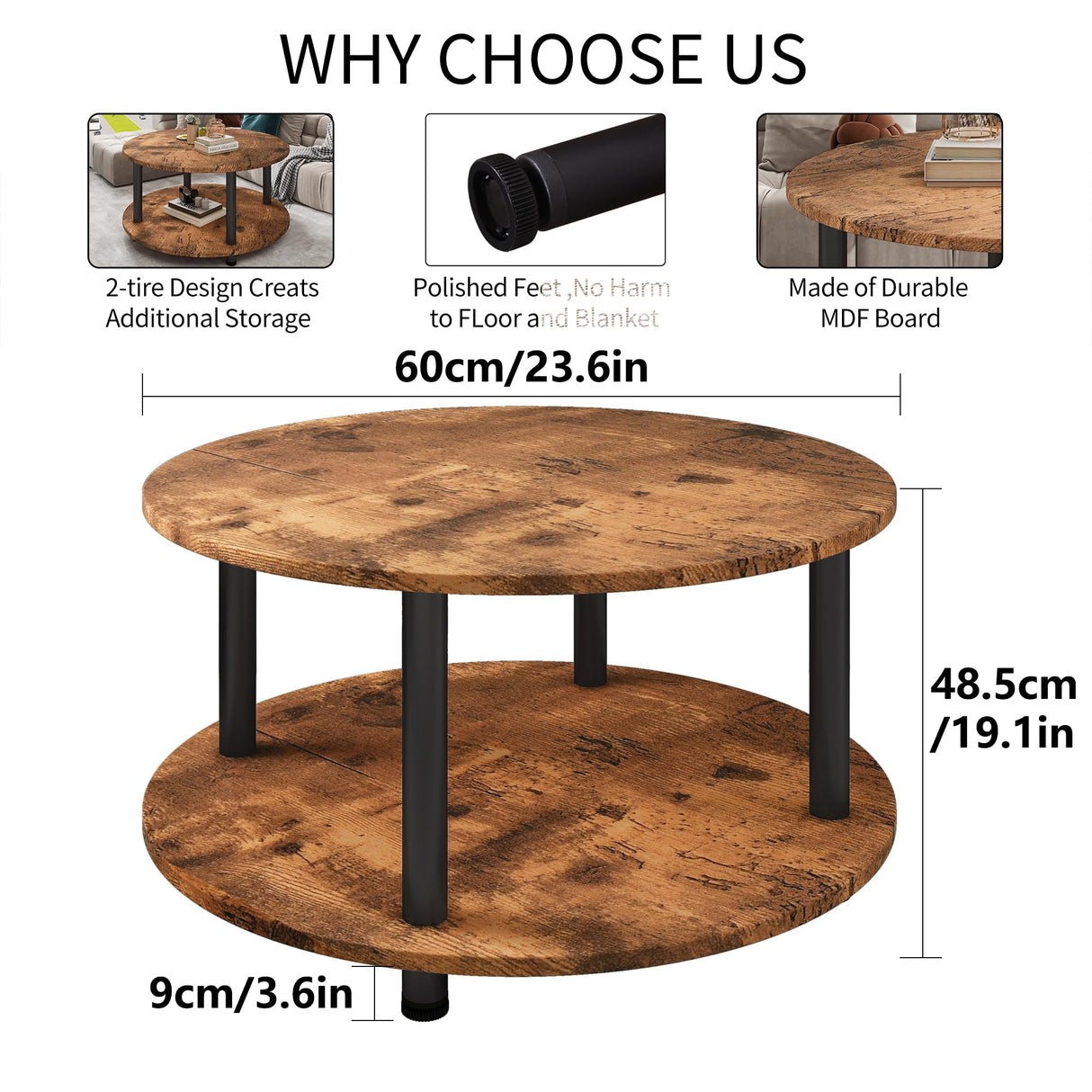 VERFARM 23.6" Round Coffee Table, 2-Tier Small Circle Coffee Table with Storage, Modern Center Accent Table with Metal Frame, Side Table End Table for Small Space, Living Room, Office, Rustic Brown VERFARM