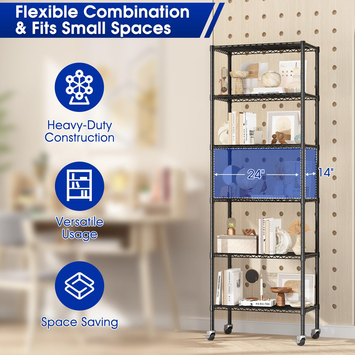 Homtell Adjustable 6-Tier Heavy Duty Wire Shelving Rack, 14" D x 24" W x 71" H Storage Shelves with Wheels, 750 lbs Capacity Rolling Metal Shelving for Garage, Pantry, Kitchen, Closet Homtell