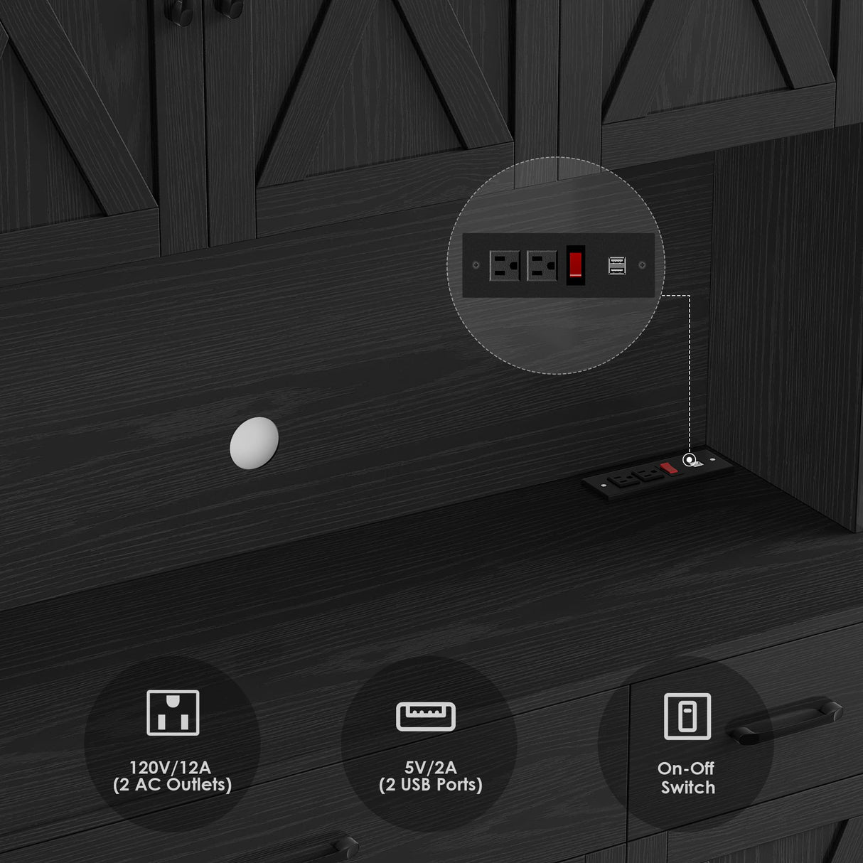 HOSTACK 71" Pantry Cabinet with Charging Station, Tall Kitchen Pantry Storage Cabinet with Microwave Stand, Farmhouse Kitchen Hutch with Storage Drawers for Living Room, Dining Room, Black Wood Grain HOSTACK