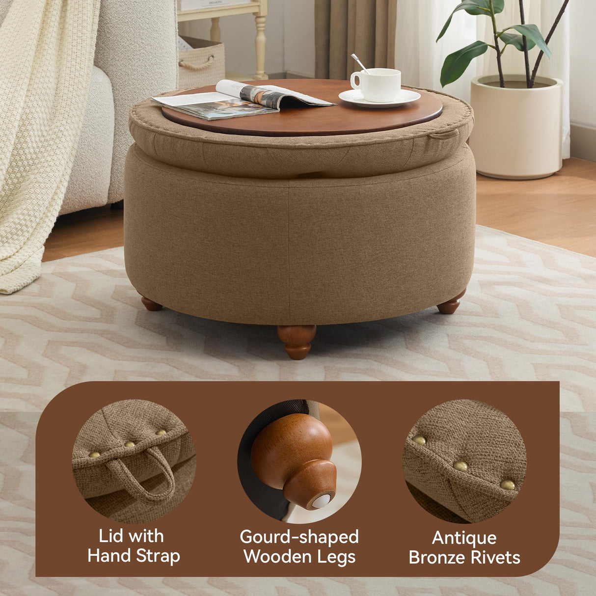 WUTUTUEE 30Inch Round Storage Ottoman with Tray, Modern Tufted Fabric Circle Coffee Table with Storage, Upholstered Ottoman with Removable Top for Living Room, Bedroom, Brown WUTUTUEE