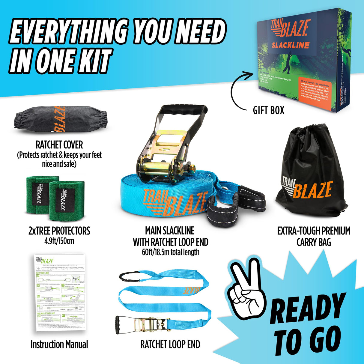 Complete Ninja Slackline Kit - 60ft Long Slack Line for Backyard for Kids & Adults with Ratchet Straps, Wider Tree Protectors - Slackline Kit for Ninja Warrior Obstacle Course for Kids Outdoor Playset Trailblaze