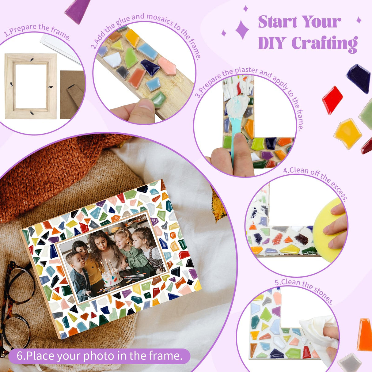 goldentime Decorate Your Own Mosaic Picture Frame - DIY Mosaic Craft Kits Fun Arts and Crafts for Adults Christmas Valentine Birthday Father’s Day Gifts goldentime