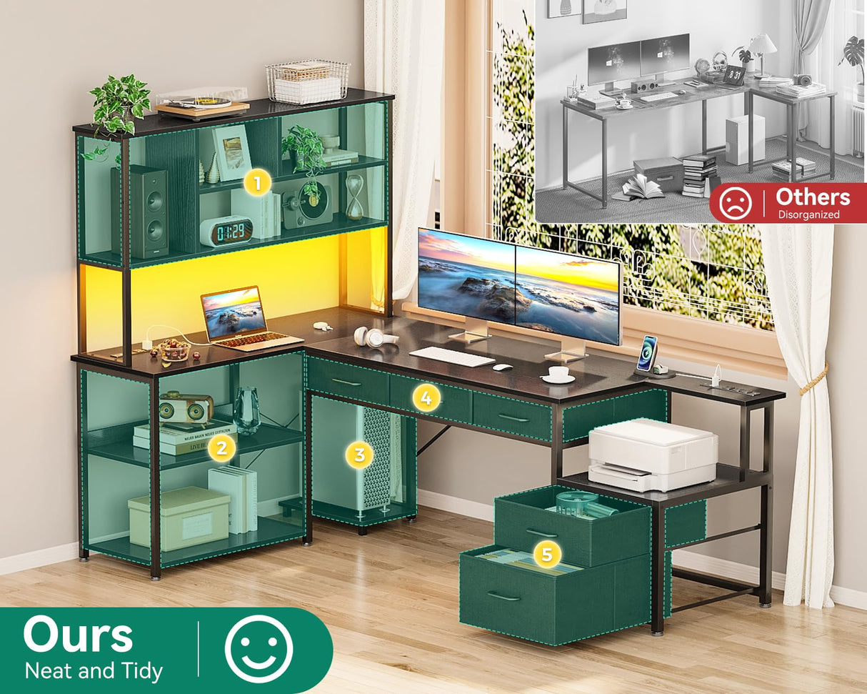 AODK 71 inch L Shaped Desk with File Drawers, Reversible L Shaped Gaming Desk with Power Outlets & LED Lights, Computer Desk with Storage Shelves for Home Office, Black AODK