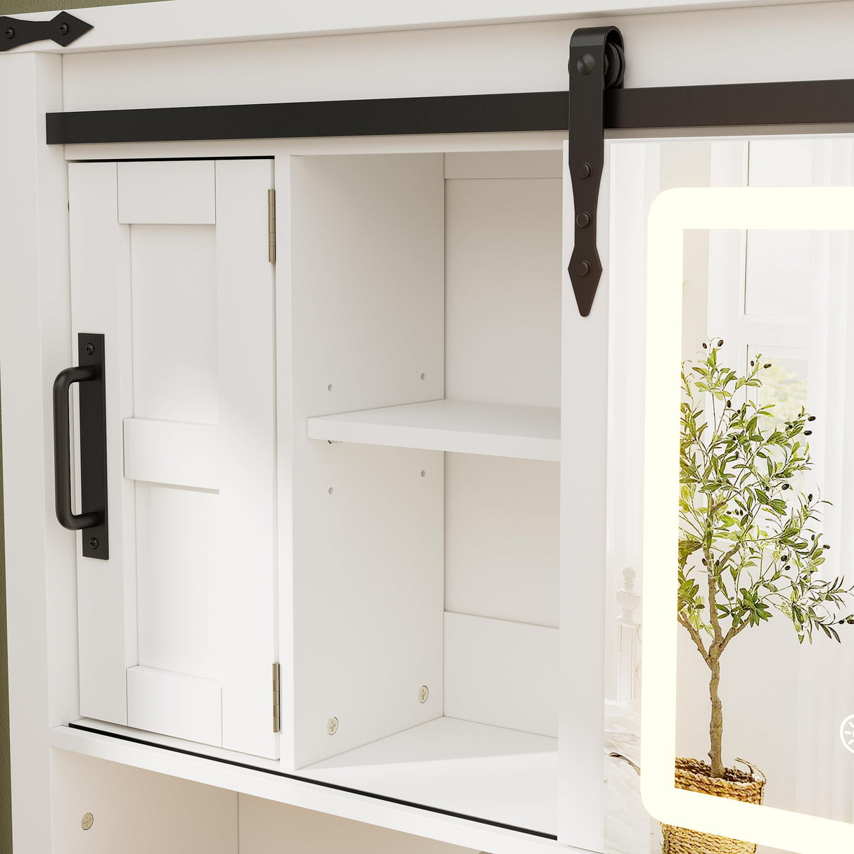 PAKASEPT Farmhouse Bathroom Wall Cabinet, Medicine Cabinet Mirror with LED Lights, Sliding Mirror and Adjustable Shelves,Storage Cabinet Wall Mounted Organizer for Bathroom, Kitchen Dining, White PAKASEPT