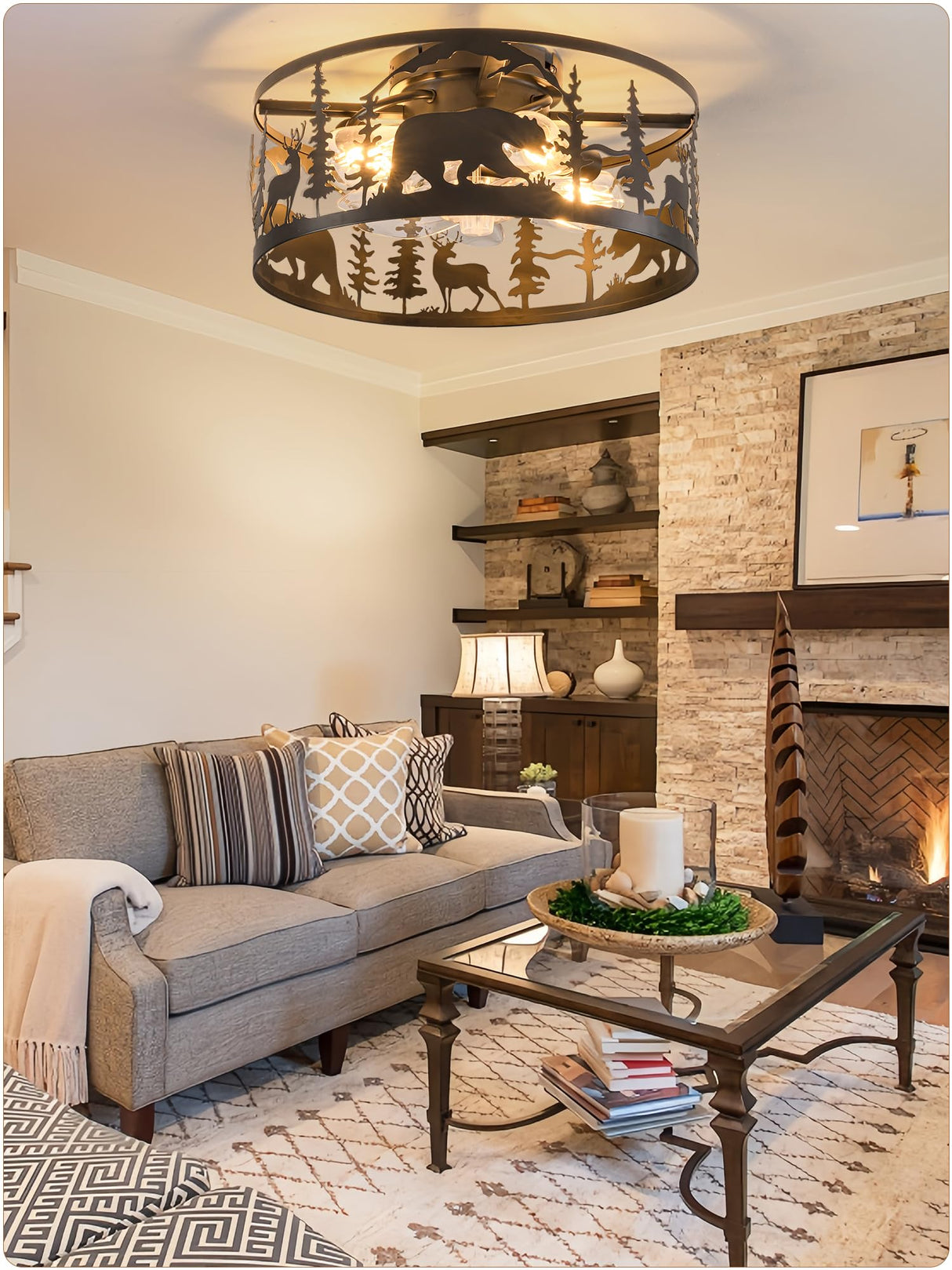 YEDAORL Farmhouse Caged Ceiling Fans with Lights and Remote Control,Rustic Black Chandelier Fan with Bear Deer Design,Flush Mount Low Profile Fandelier for Bedroom,Dining Living Room,Foyer YEDAORL