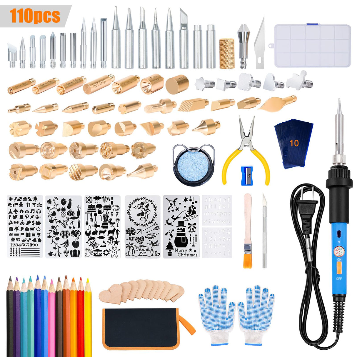 OUXi Wood Burning Kit, 110Pcs Pyrography Wood Burner Pen with Adjustable Temperature 200-480℃ Switch, Wood Burner Tool for Embossing, Carving, Engraving, Soldering Tips, Color Pencils, Carrying Case OUXi
