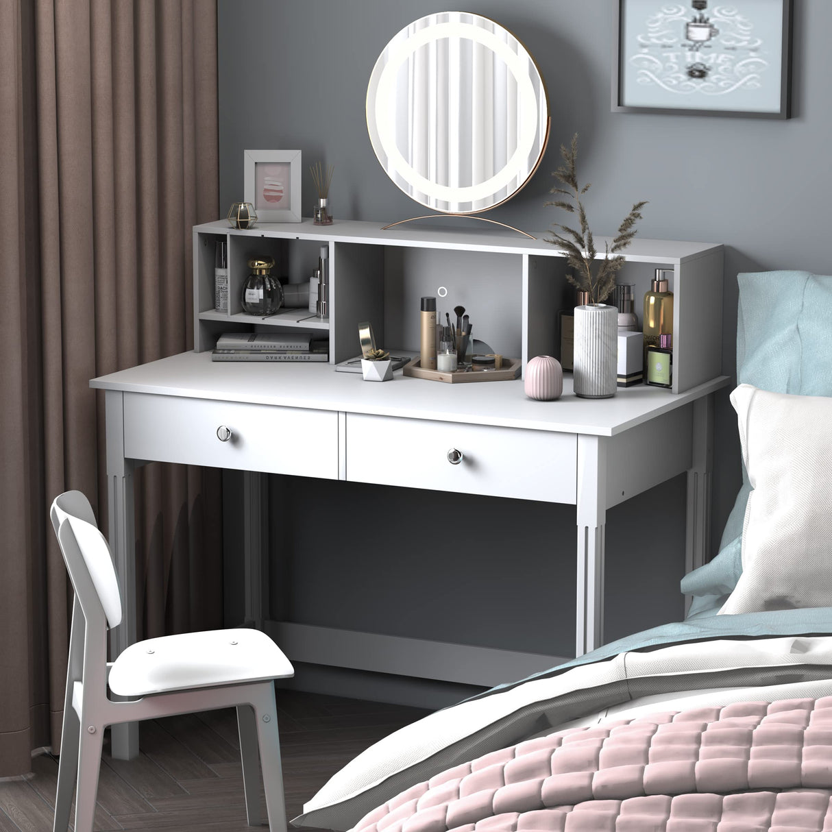 WiberWi Computer Desk with Drawers and Hutch, 43.3 inch White Home Office Desks Small Makeup Vanity Desk Table with Storage for Small Spaces Bedroom, Writing Desk Study Table WiberWi