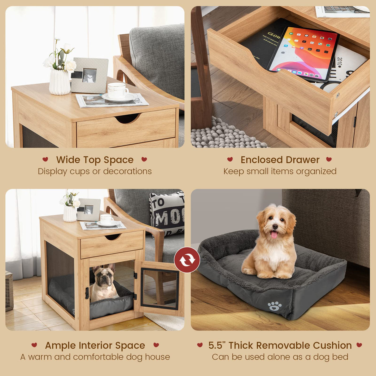 Giantex Dog Crate Furniture, Wooden Dog Kennel End Table with Removable Cushion, Storage Drawer, Latched Door, Wireless and Wired Charging, Giantex