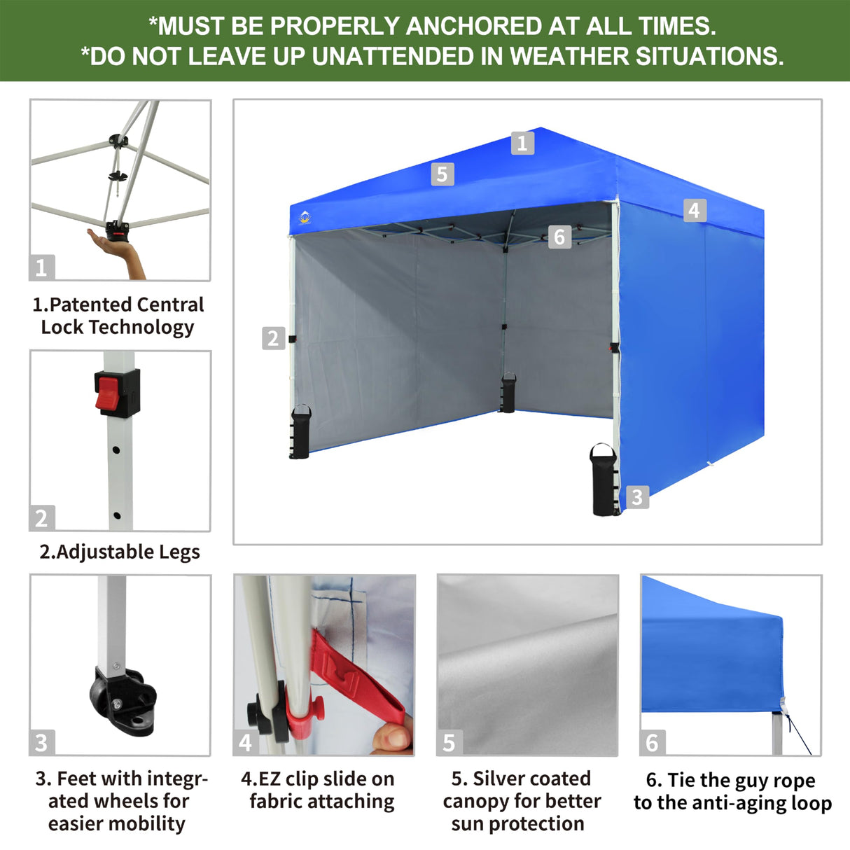 CROWN SHADES 10X10 Comercial Instant Canopy Pop Up Tent with Center Lock (10x10 with 4 Sidewalls, Blue) CROWN SHADES