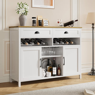 Vividwood 47.2" Modern Farmhouse Wine Bar Cabinet with Wine & Glass Rack, 2 Drawers Buffet Sideboard Storage for Kitchen, Living Room, Dining Room - Coffee & Liquor Station Cabinet (White)