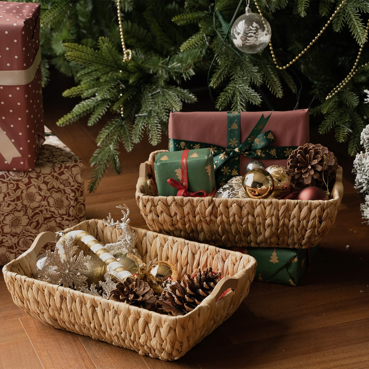 FairyHaus Wicker Baskets with Handles, Natural Wicker Basket for Organizing Shelves, Small Hand Woven Water Hyacinth Storage Baskets Set of 2, 14.96x10.04x4.73 FairyHaus