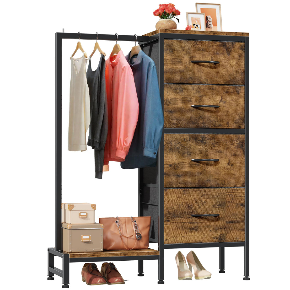HIGDBFE Dresser with Hanging Rack, 4 Drawers Small Closet for Bedroom, Reversible Fabric Kids Chest of Drawers with Clothes Rack, Tall Storage Tower, Sturdy Frame, Rustic Brown, 44''H HIGDBFE