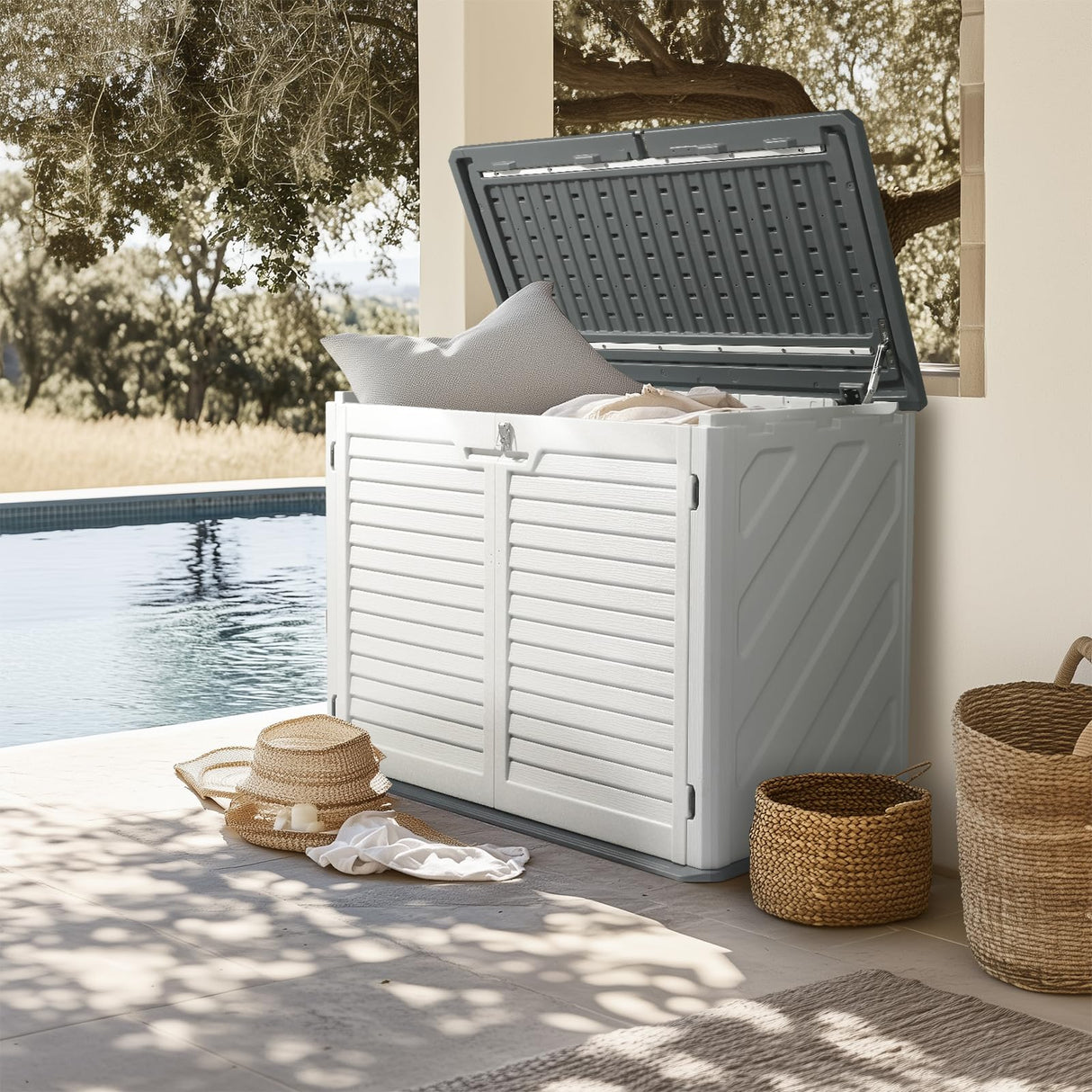 VINGLI Outdoor Storage Shed, Resin Storage Cabinet with Lockable Design, Weatherproof Tool Shed with HDPE Material, Resin Deck Box for Garden Tools, Pool Equipment, Garbage Cans, White (31.5 Cu.ft) VINGLI