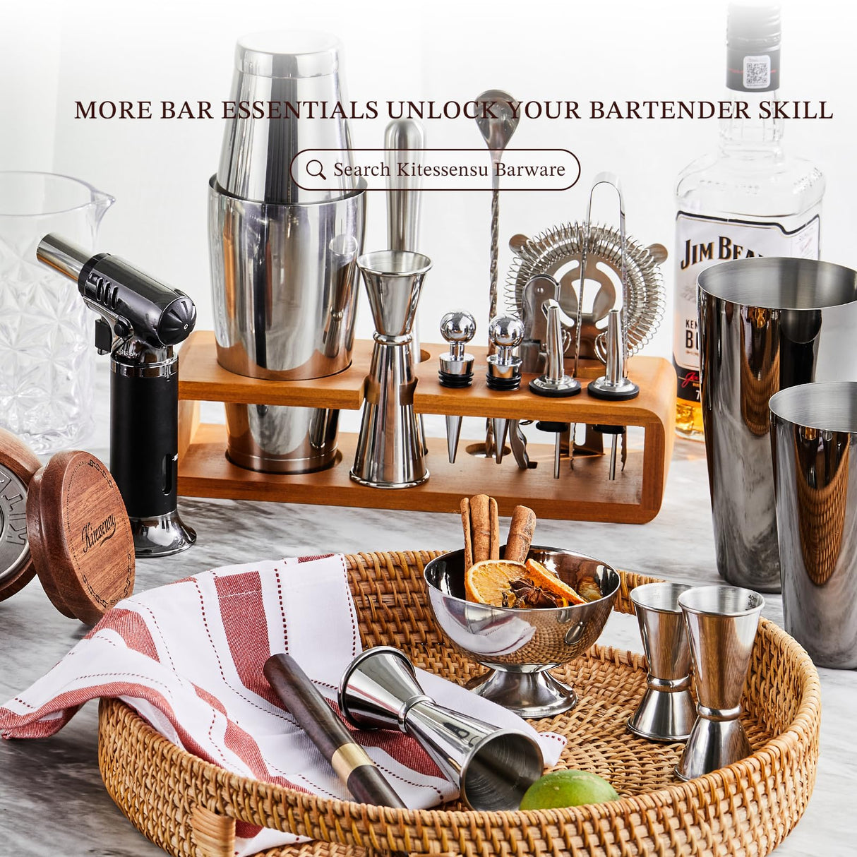 KITESSENSU Cocktail Shaker Set Bartender Kit with Stand | Bar Set Drink Mixer Set with All Essential Accessory Tools: Martini Shaker, Jigger, Strainer, Mixer Spoon, Muddler, Liquor Pourers |Silver KITESSENSU